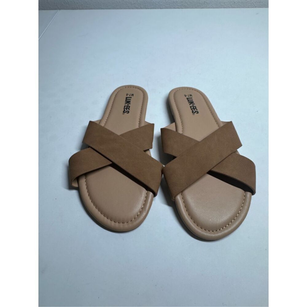 NWOT Luk Ees Women's Sandals Criss Cross Slides Faux Leather Tan Size M (7-8)
